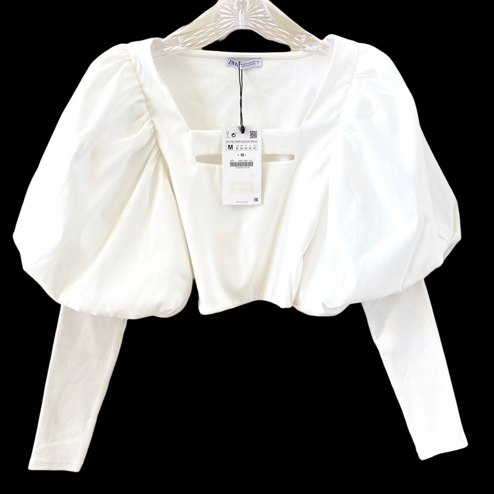 Zara White Puff Sleeve Cropped Top
